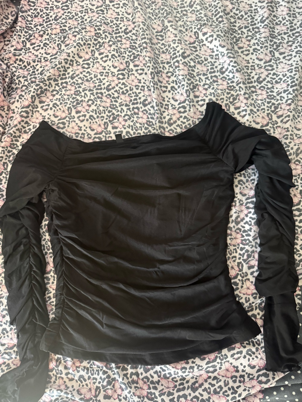 Off-Shoulder Black Ruched Long Sleeve Blouse